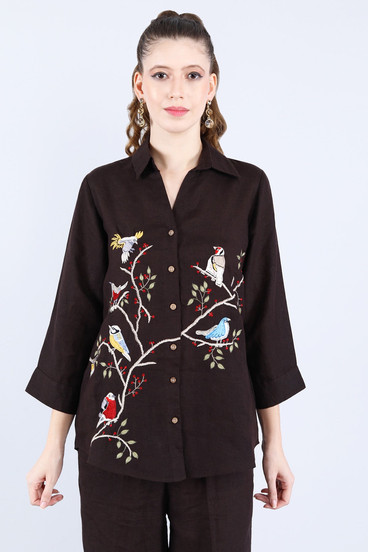 Buy Linen Bloom Choco Embroidered Linen Shirt for women online available at ScrollnShops